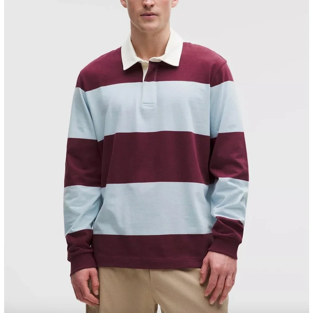 LULULEMON Long Sleeve Cotton Rugby Shirt in Wide Stripe Burgundy Bay Foam Cloud